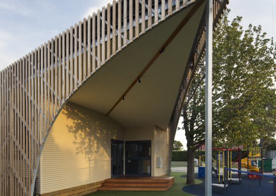 a building with a roof overhang