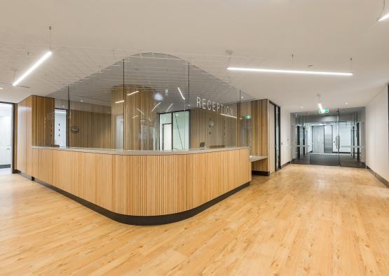 a reception desk in a building