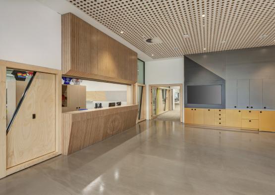 a reception desk in a building