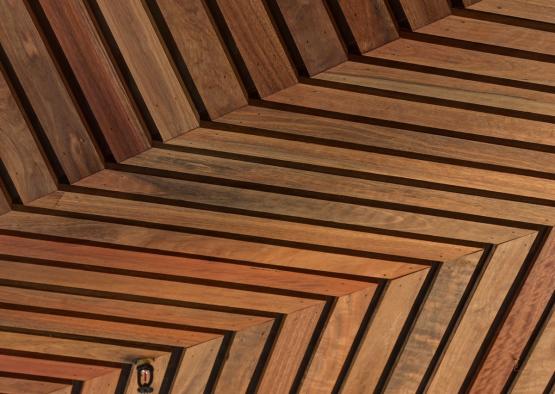 a wooden ceiling with a light