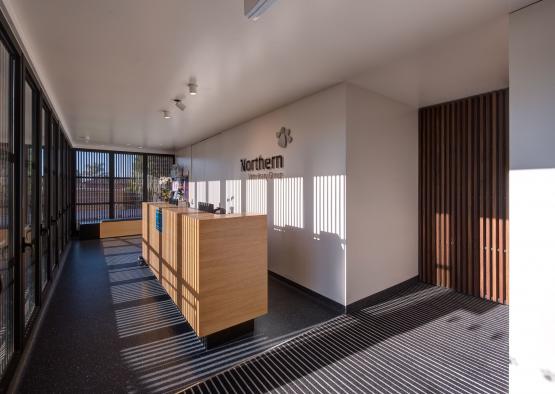 a reception desk in a building