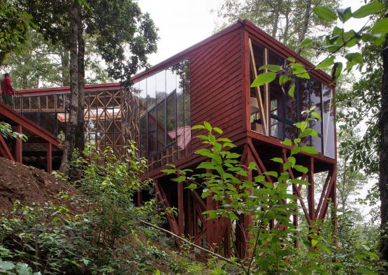 a building with glass walls and a wood structure