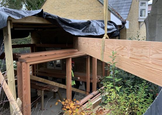 a wood structure with plants in a garden