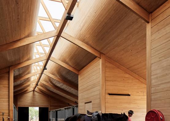 a man walking a horse in a stable